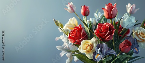 Stunning bouquet of roses tulips and irises a perfect Valentine s Day gift for a special someone set against a background with copy space image photo