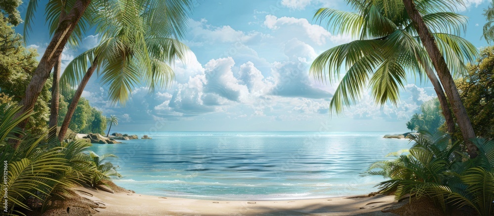 Vacation at a tropical beach resort with palm trees a serene sea view and ample copy space for images on a banner or background at the hotel Vacation at a tropical beach resort with palm trees a serene sea view and ample copy space for images on a banner or background at the hotel