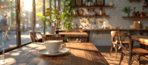 A coffee shop with latte art set on a wooden table blending colors creating a cozy atmosphere with copy space image