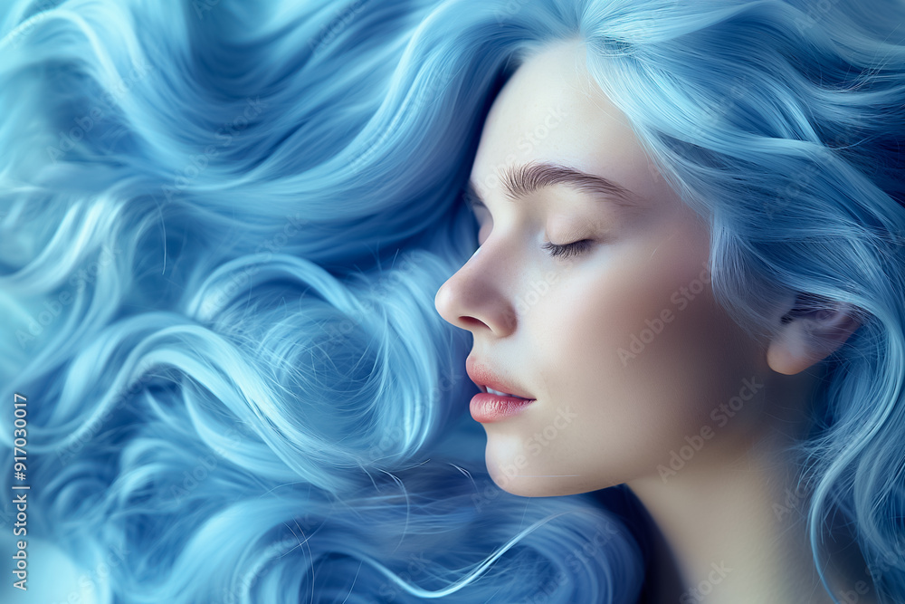 Serene portrait showcases a woman with cascading blue hair, embodying tranquility and dreaminess through soft, flowing waves that captivate the senses Serene portrait showcases a woman with cascading blue hair, embodying tranquility and dreaminess through soft, flowing waves that captivate the senses