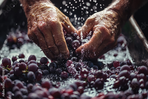 Aging hands skillfully crush juicy grapes under a spray of water, capturing the essence of tradition and dedication in the winemaking process.