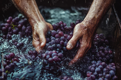 Hands immerse in a sea of crushed grapes, juice flowing, capturing the essence of winemaking – a powerful moment steeped in tradition and artistry.