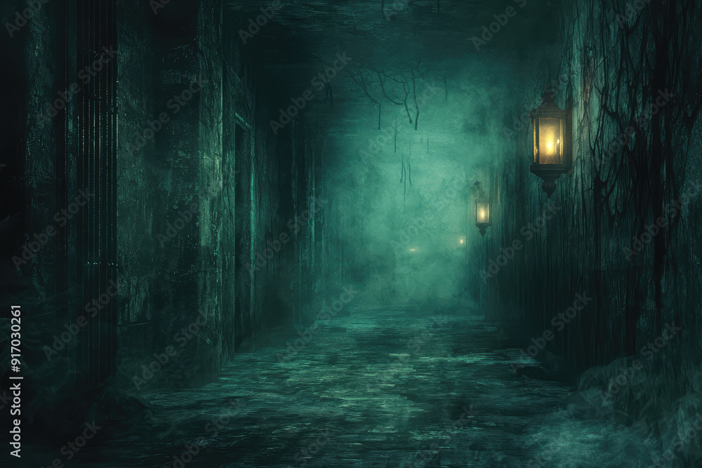 A mystifying labyrinth of endless corridors, with flickering lanterns that cast eerie light in a chilling, fog-laden atmosphere. A mystifying labyrinth of endless corridors, with flickering lanterns that cast eerie light in a chilling, fog-laden atmosphere.