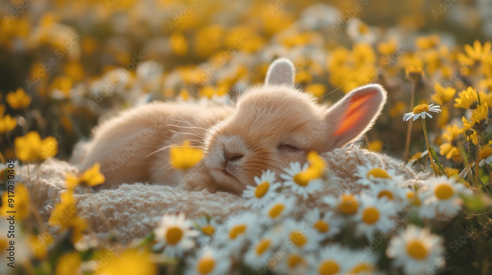 cute baby rabbit hare sleeping on blanket at daisy flower blossom field , yellow white daisy flower cute baby rabbit hare sleeping on blanket at daisy flower blossom field , yellow white daisy flower