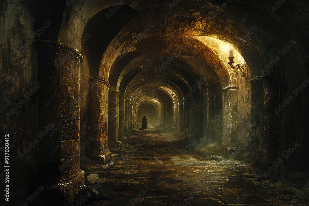 Naklejka premium An eerie labyrinth with endless, shadowy corridors. A lone figure in a dark cloak stands motionless in the distance, adding to the foreboding atmosphere.