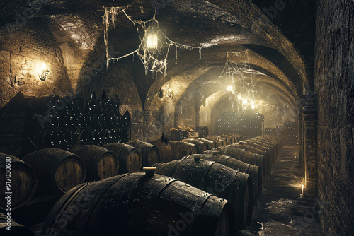 Discover the secrets behind the dimly lit wine cellar filled with rows of oak barrels and cobwebs under ancient arches. A haunting yet storied ambiance awaits. photo