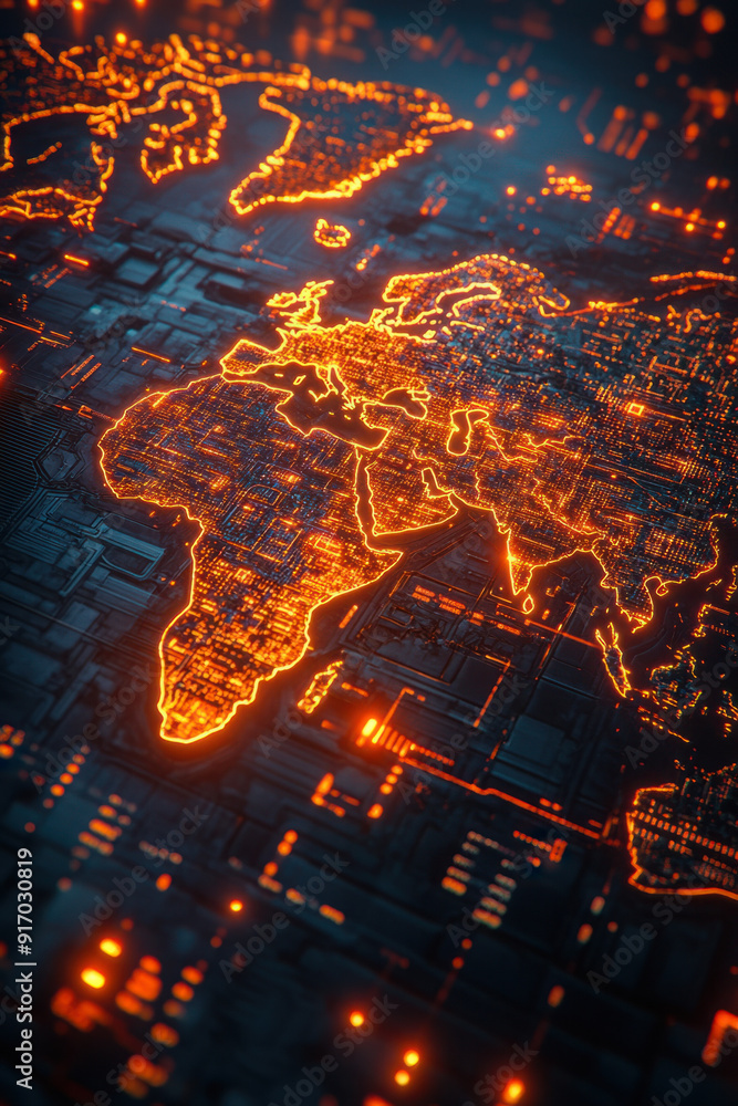 Fototapeta premium AI Global economic, Close-up view of a digital economic world map, featuring bright, hovering hologram annotations that highlight trade routes and economic hubs. The setting is a