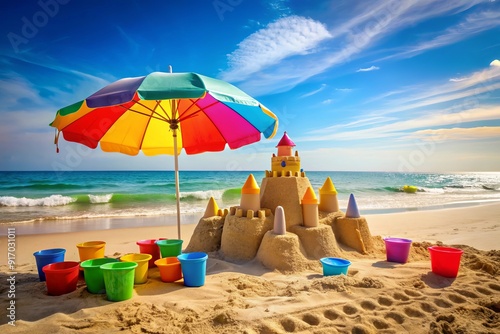 Wallpaper Mural Charming Summer Beach Scene with Sandcastle, Umbrella, and Heart Shaped Sunglasses  Perfect for Vacation and Holiday Themes Torontodigital.ca