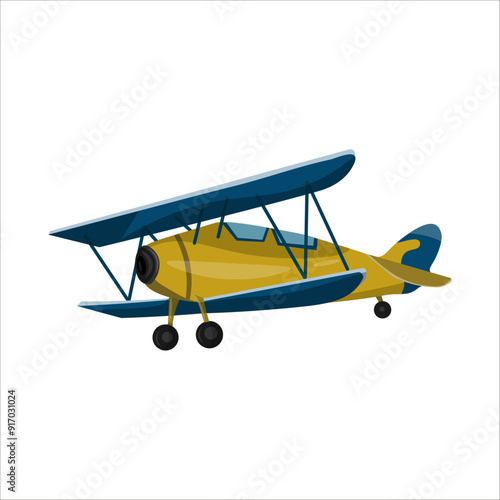 Children transport illustration. Yellow retro biplane airplane on a white background. Isolated vector illustration.