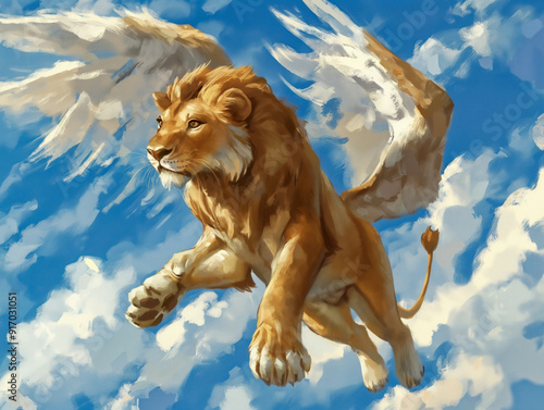 A lion with wings is flying in the sky. The painting is full of life and energy, with the lion looking up at the clouds. The blue sky and white clouds create a sense of freedom and adventure photo