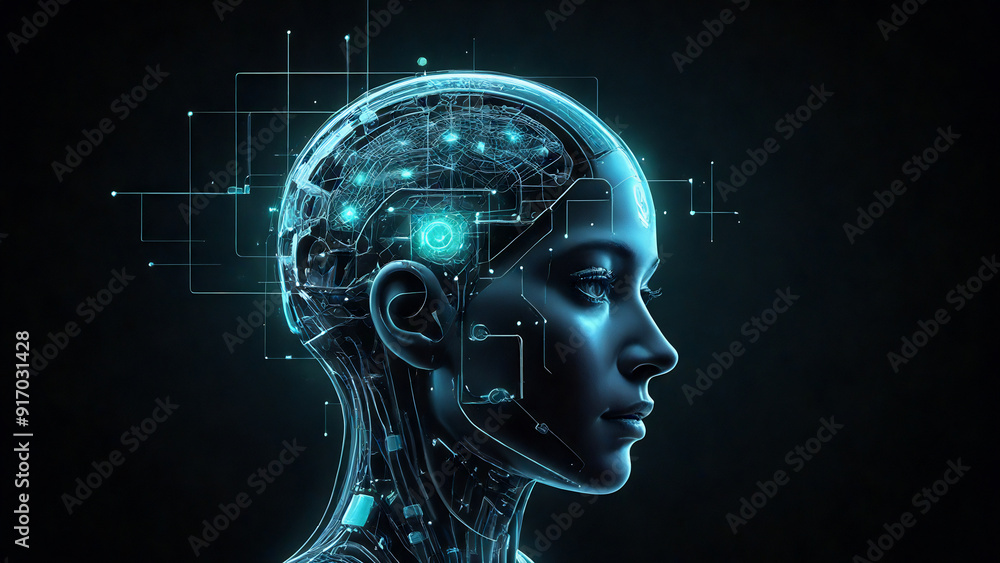 human-android hybrid head, isolated on dark blue cyan color scheme human-android hybrid head, isolated on dark blue cyan color scheme