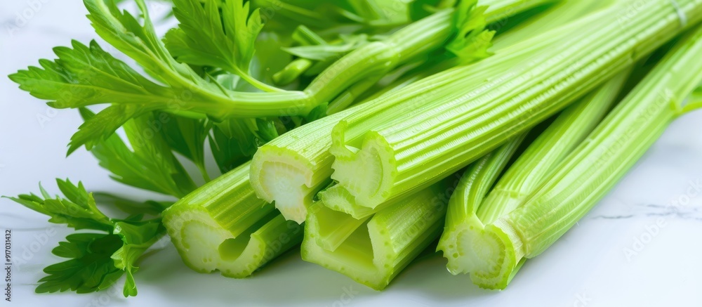 Close up of celery with a white background provides ample copy space image Close up of celery with a white background provides ample copy space image
