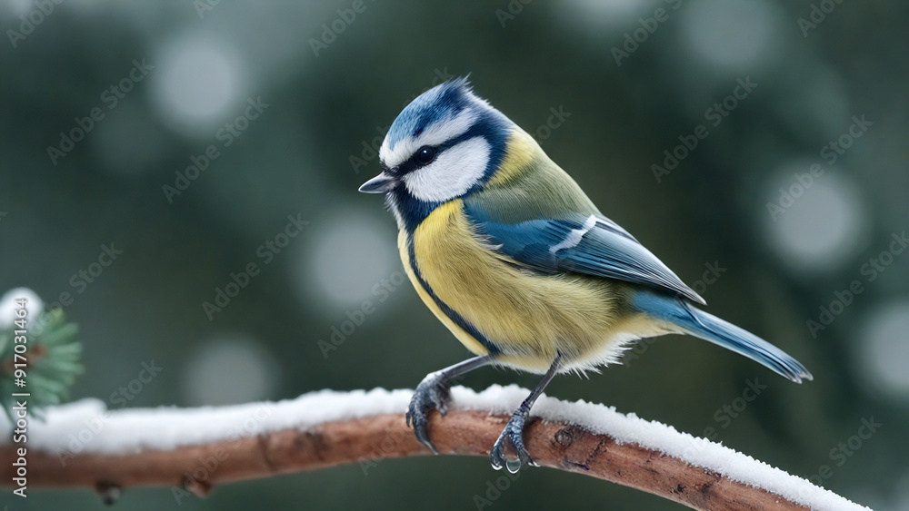 Titmouse bird perched on a frost covered branch, wildlife photography theme Titmouse bird perched on a frost covered branch, wildlife photography theme
