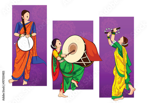 Lord Ganpati in vector for Happy Ganesh Chaturthi festival celebration of India with people celebrating dhol tasha