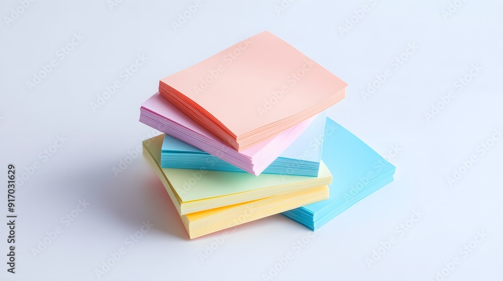 Stack of colorful sticky notes on pure white background, vibrant pastel colors, pink, blue, yellow, orange, green, neatly arranged, slightly askew pile, office supplies, stationery. Stack of colorful sticky notes on pure white background, vibrant pastel colors, pink, blue, yellow, orange, green, neatly arranged, slightly askew pile, office supplies, stationery.