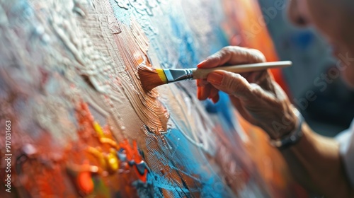 Artist creating a bold and textured abstract painting with colorful brushstrokes on canvas in close-up view