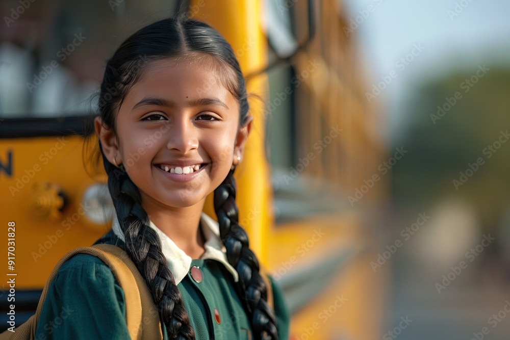 Portrait of a young girl in school uniform smiling in front of a yellow bus. Portrait of a young girl in school uniform smiling in front of a yellow bus.
