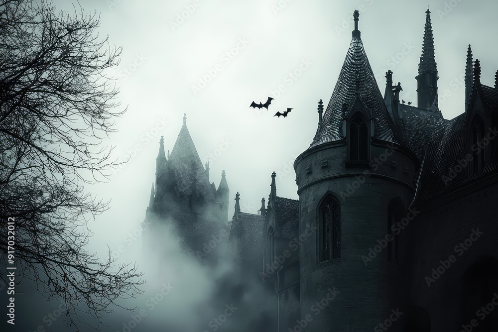 A Gothic castle surrounded by swirling fog, its tall spires looming menacingly as bats circle above creating a hauntingly eerie scene. A Gothic castle surrounded by swirling fog, its tall spires looming menacingly as bats circle above creating a hauntingly eerie scene.