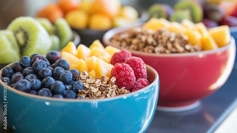 Close-up of colorful bowls brimming with fresh fruit and granola, beautifully arranged on a table, highlighting a healthy and vibrant lifestyle. Close-up of colorful bowls brimming with fresh fruit and granola, beautifully arranged on a table, highlighting a healthy and vibrant lifestyle.