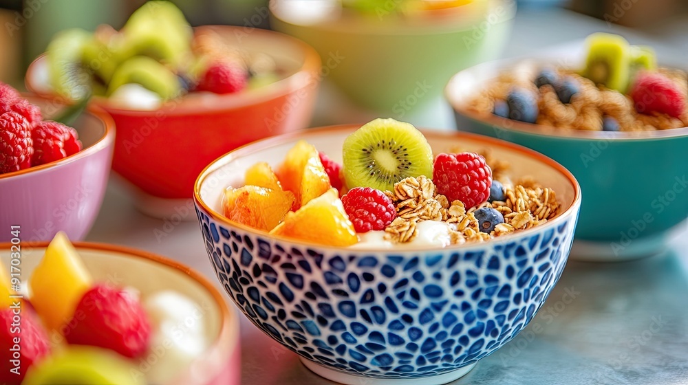 Close-up of colorful bowls brimming with fresh fruit and granola, beautifully arranged on a table, highlighting a healthy and vibrant lifestyle. Close-up of colorful bowls brimming with fresh fruit and granola, beautifully arranged on a table, highlighting a healthy and vibrant lifestyle.