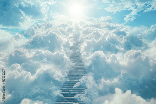 A surreal staircase made of clouds ascends into a bright, radiant sky, evoking a heavenly journey beyond earthly realms, inviting whimsical imagination. photo