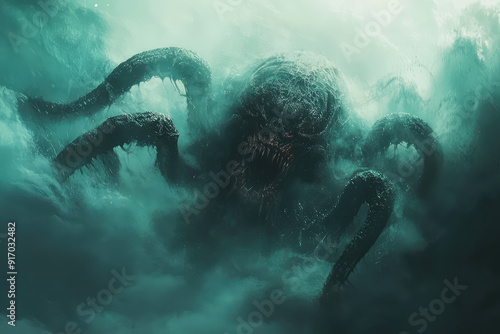 A terrifying sea creature with multiple tentacles and a nightmarish appearance emerges from the depths of the ocean, shrouded in mist and darkness. photo