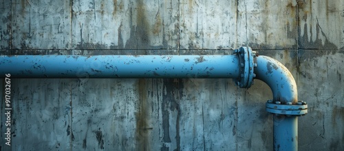 A blue pipe emerges from the concrete wall providing space for copy