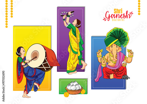 Lord Ganpati in vector for Happy Ganesh Chaturthi festival celebration of India with people celebrating dhol tasha