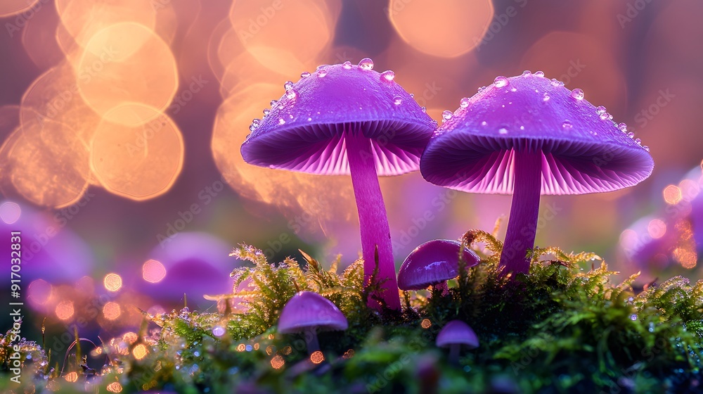 Fototapeta premium vibrant purple mushrooms, lush green moss, macro photography, forest floor, magical atmosphere, soft bokeh background, dew drops, golden sunlight, fairy tale setting.