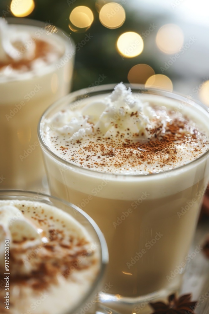 A close-up view of a homemade serving of frothy eggnog, topped with a sprinkle of nutmeg. The creamy texture and sweetness of the eggnog are on full display. A close-up view of a homemade serving of frothy eggnog, topped with a sprinkle of nutmeg. The creamy texture and sweetness of the eggnog are on full display.