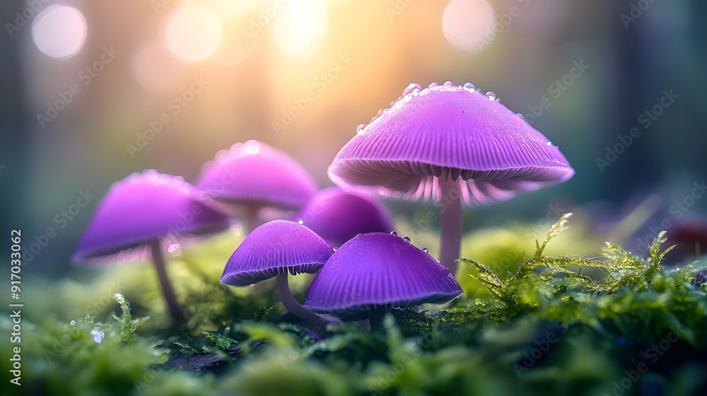 Fototapeta premium vibrant purple mushrooms, lush green moss, macro photography, forest floor, magical atmosphere, soft bokeh background, dew drops, golden sunlight, fairy tale setting.