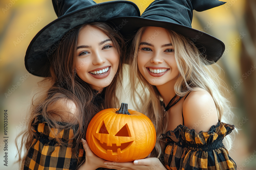 Two happy beautiful women in black and yellow plaid skirt, wearing witch hat and holding halloween pumpkin
Two happy beautiful women in black and yellow plaid skirt, wearing witch hat and holding halloween pumpkin