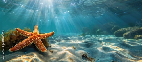 Stunning underwater photograph of a Mediterranean sea star with copy space image photo