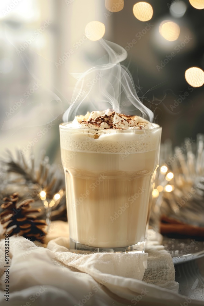 A close-up shot of a steaming hot glass of eggnog latte, topped with a layer of creamy foam. The drink is placed on a wooden table, with a blurred background to emphasize the beverage. A close-up shot of a steaming hot glass of eggnog latte, topped with a layer of creamy foam. The drink is placed on a wooden table, with a blurred background to emphasize the beverage.