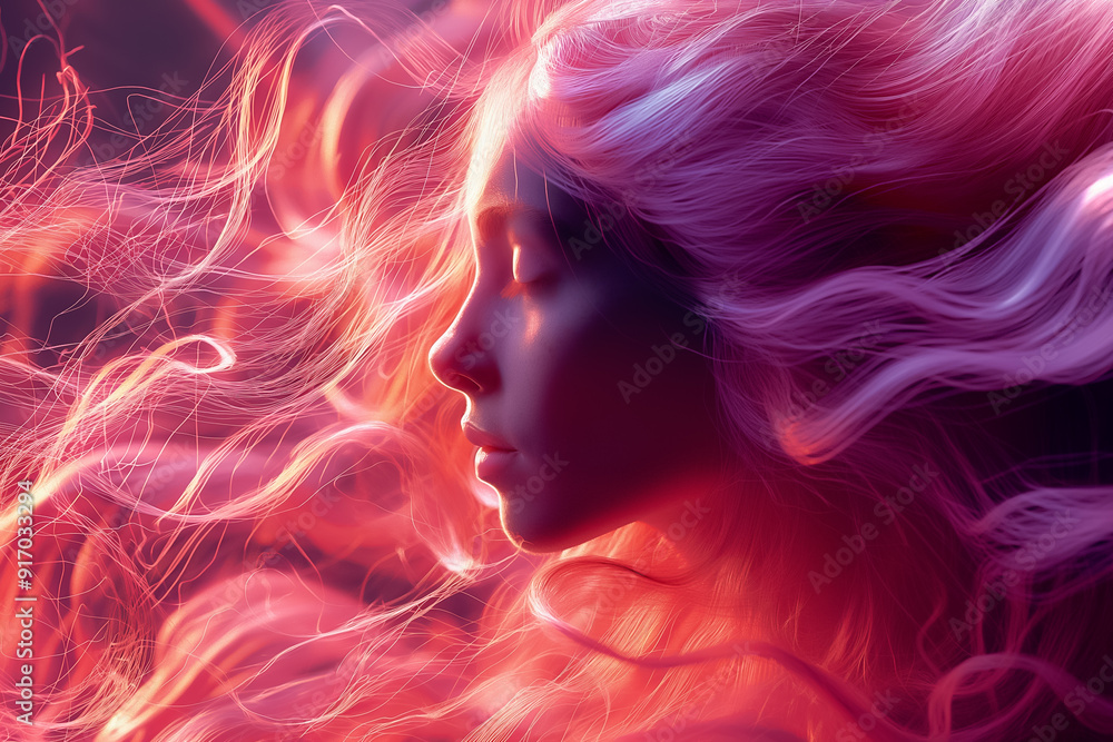 Woman profile with flowing hair in vibrant pink and deep red, creating an enchanting, dreamlike aura Woman profile with flowing hair in vibrant pink and deep red, creating an enchanting, dreamlike aura