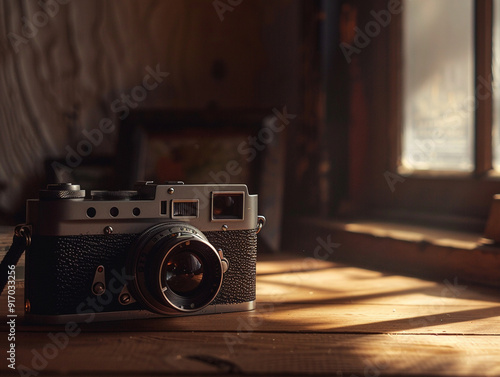 Vintage camera on wooden table with sunlight.AI Generation.