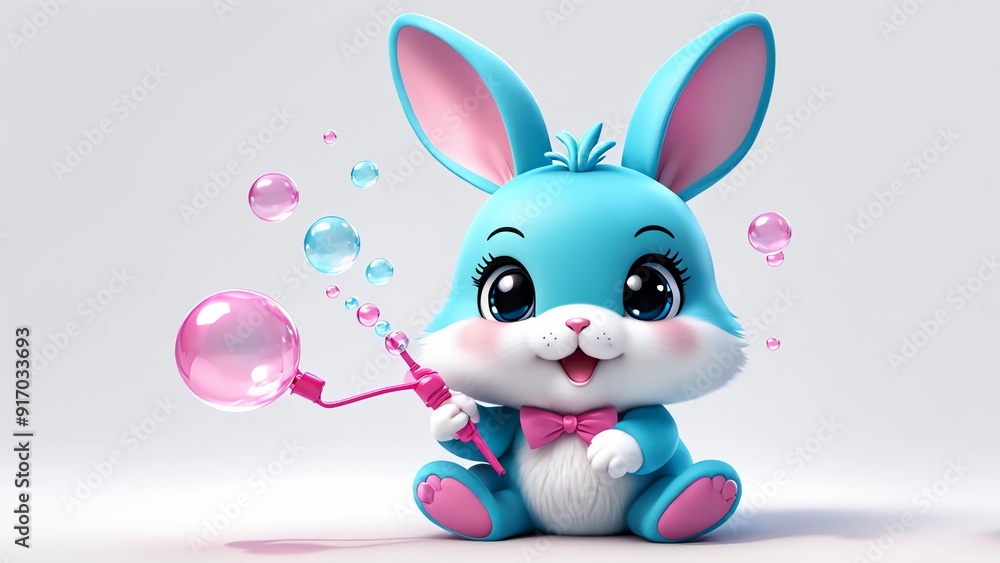 Fototapeta premium A 3D kawaii bunny sitting down blowing bubbles from a bubble wand, white background