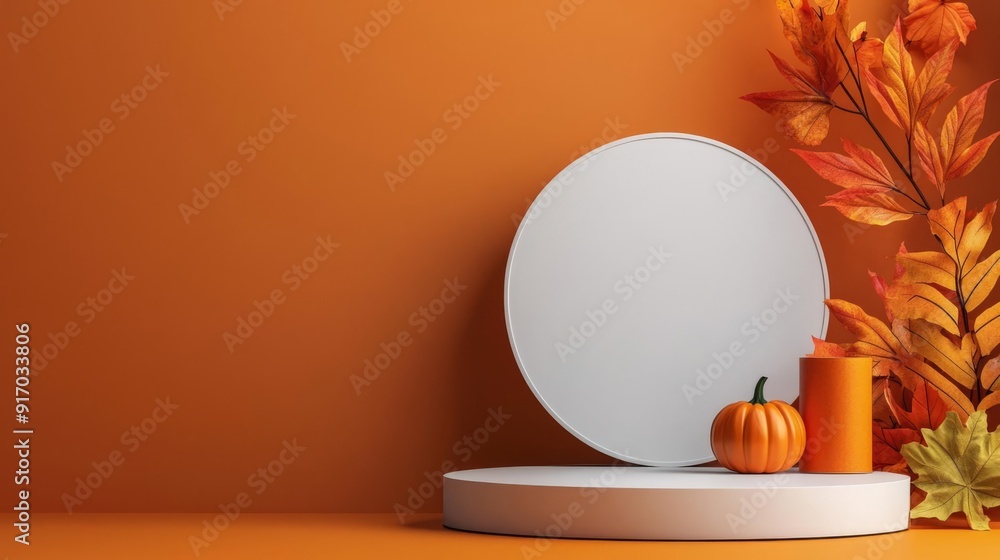 Clean empty podium with Halloween shades and autumn background, perfect for packaging mockups, empty podium, fall design Clean empty podium with Halloween shades and autumn background, perfect for packaging mockups, empty podium, fall design