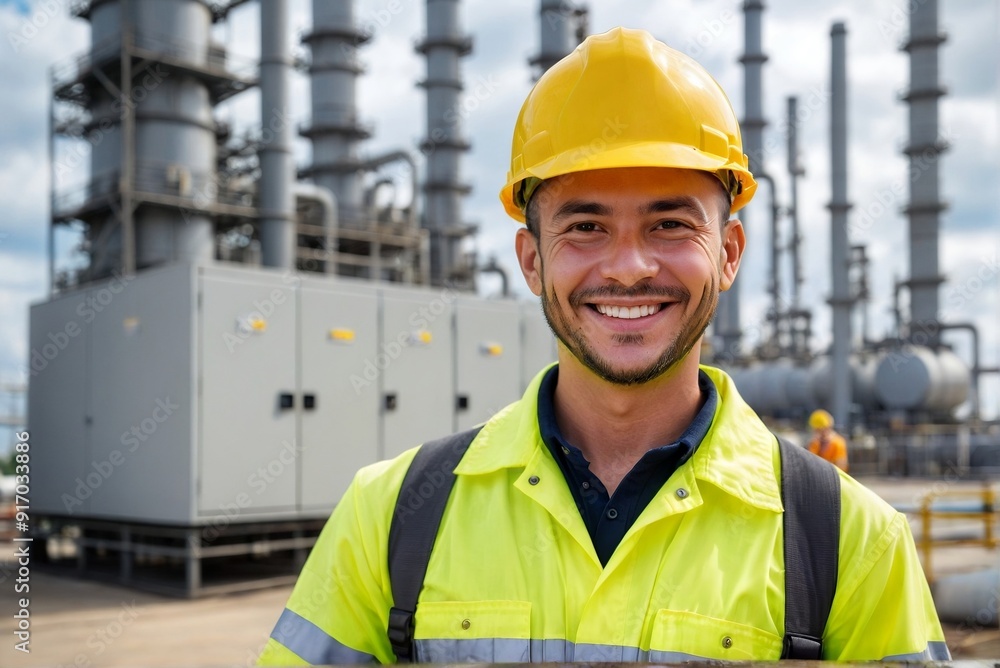 Confident industrial electric engineer smiling and standing against the power supply inside an oil refinery with copy space. Confident industrial electric engineer smiling and standing against the power supply inside an oil refinery with copy space.