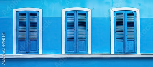 An attractive classic wall displays three charming blue windows perfect for a copy space image photo