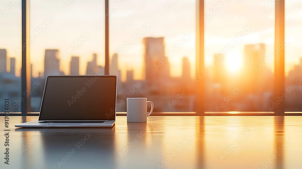 A Cozy Workspace with Coffee and Laptop: Perfect for Modern Professionals in a Cityscape A Cozy Workspace with Coffee and Laptop: Perfect for Modern Professionals in a Cityscape