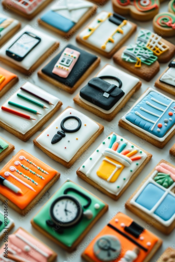 A close-up view of cookies in the shape of office supplies, perfect for Boss's Day celebration. The cookies are intricately designed to resemble everyday office items. A close-up view of cookies in the shape of office supplies, perfect for Boss's Day celebration. The cookies are intricately designed to resemble everyday office items.