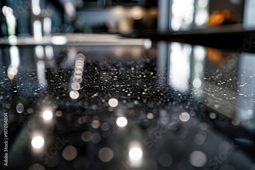 A clean and reflective polished quartz countertop surface shines in a close-up view, highlighting its smooth texture and luxurious appearance.