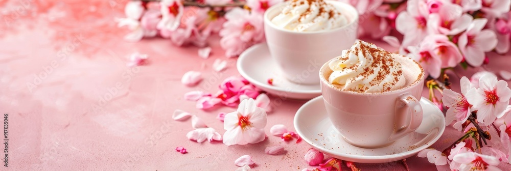 Refreshing Drinks Cappuccino Hot Chocolate and Pink Sakura Flowers with Health Benefits and Copy Space Refreshing Drinks Cappuccino Hot Chocolate and Pink Sakura Flowers with Health Benefits and Copy Space