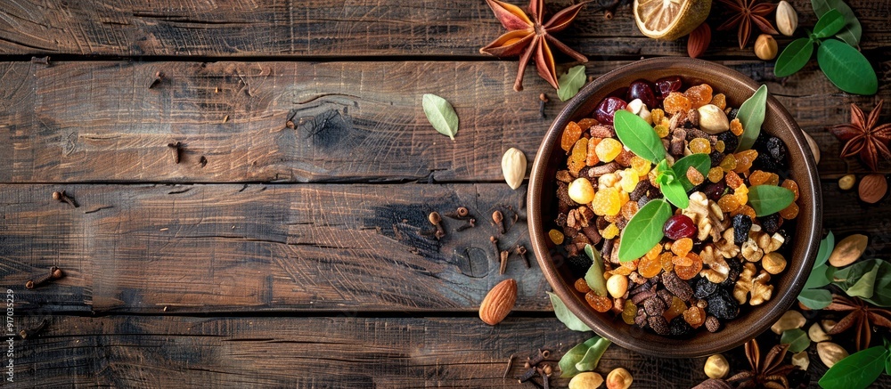 Top view of dried fruits nuts in bowl with copy space image on a wooden table garnished with green leaves aromatic spices in a professional food photo session studio setting Top view of dried fruits nuts in bowl with copy space image on a wooden table garnished with green leaves aromatic spices in a professional food photo session studio setting