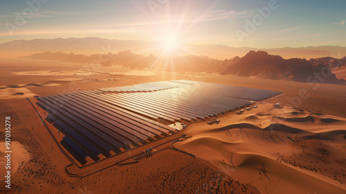 Solar farms in a desert converting sunlight into electricity photo