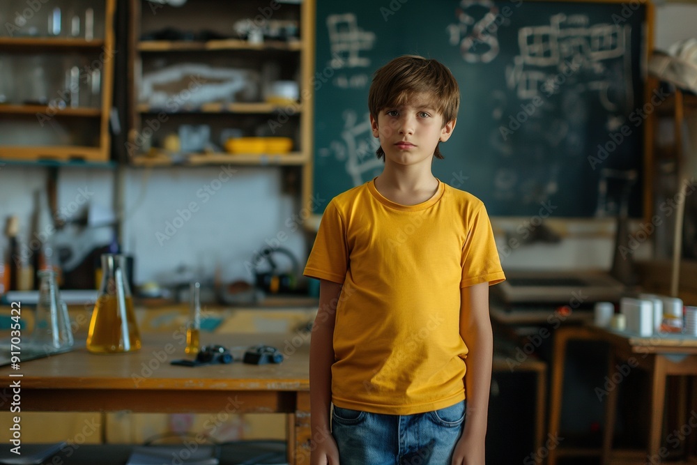 Obraz premium Young boy in a yellow t-shirt stands in a classroom with a blackboard and lab equipment.