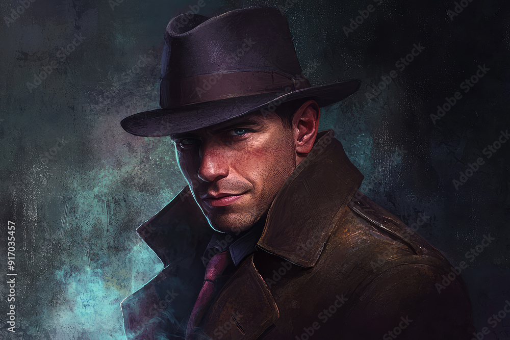 A cunning thief in a trench coat and fedora, with piercing eyes and a sly smirk, casts an intimidating aura against a dark, textured background. A cunning thief in a trench coat and fedora, with piercing eyes and a sly smirk, casts an intimidating aura against a dark, textured background.