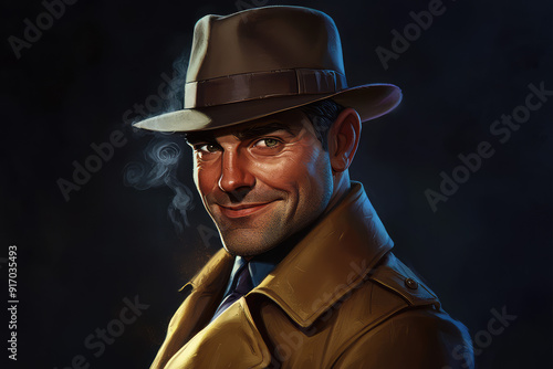 A sly detective with piercing eyes and a mischievous smile poses confidently in a classic trench coat and fedora, emanating intrigue and mystery. photo