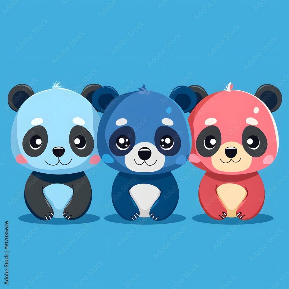 Obraz premium Three cute cartoon pandas in vibrant colors, perfect for children's illustrations.